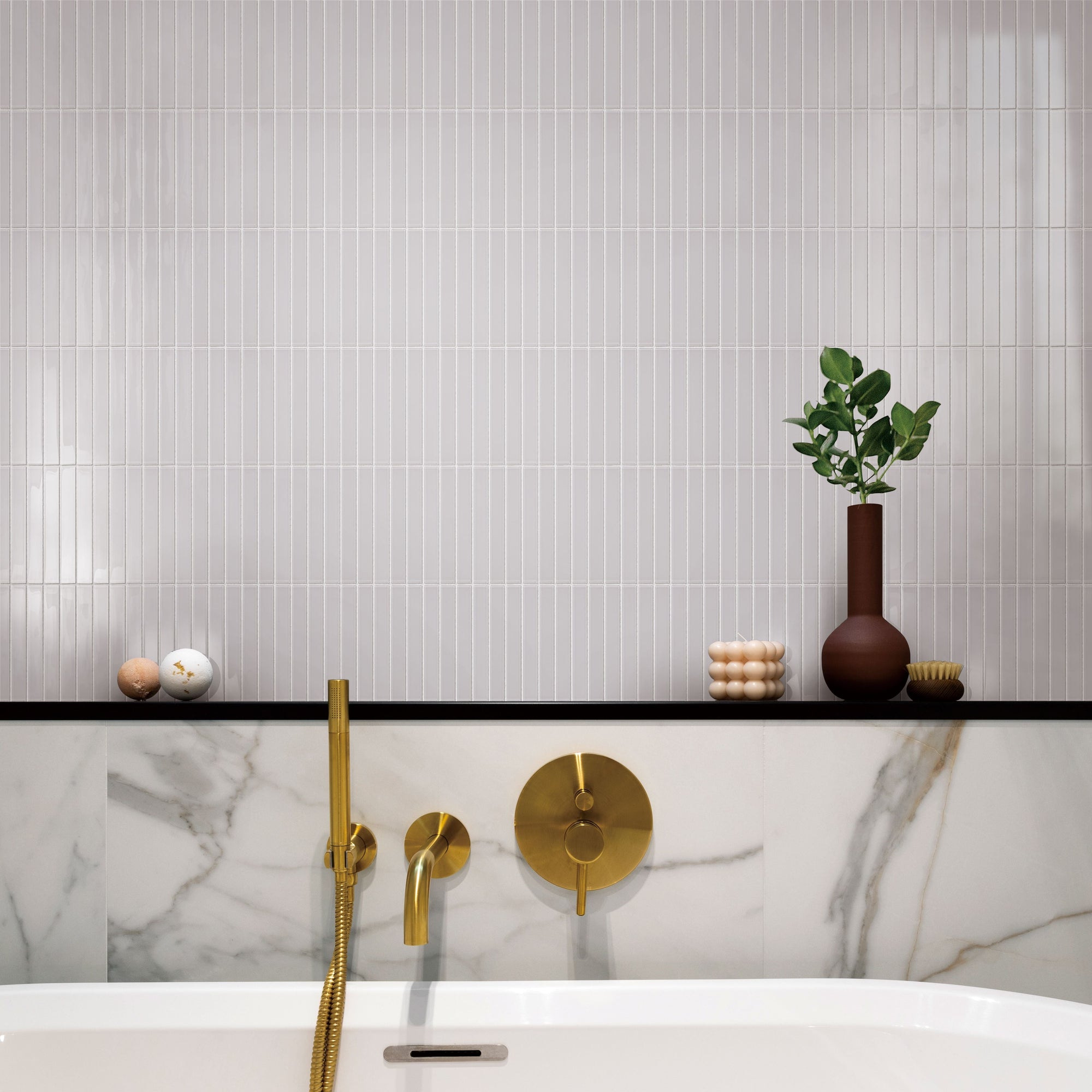 Waterproof peel-and-stick tiles in shower space